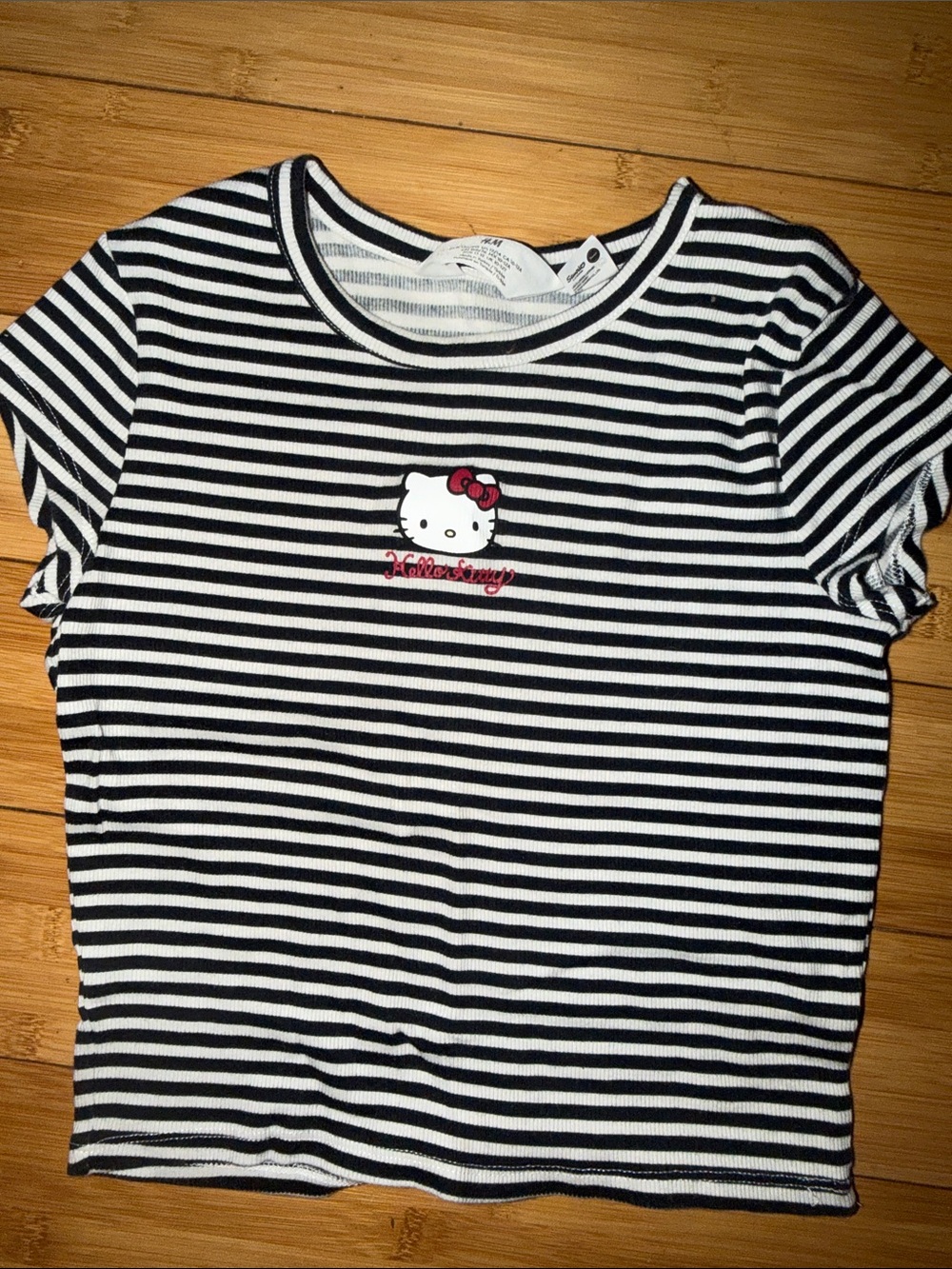 H&M Black & White Striped Hello Kitty Tee with Pink Bow